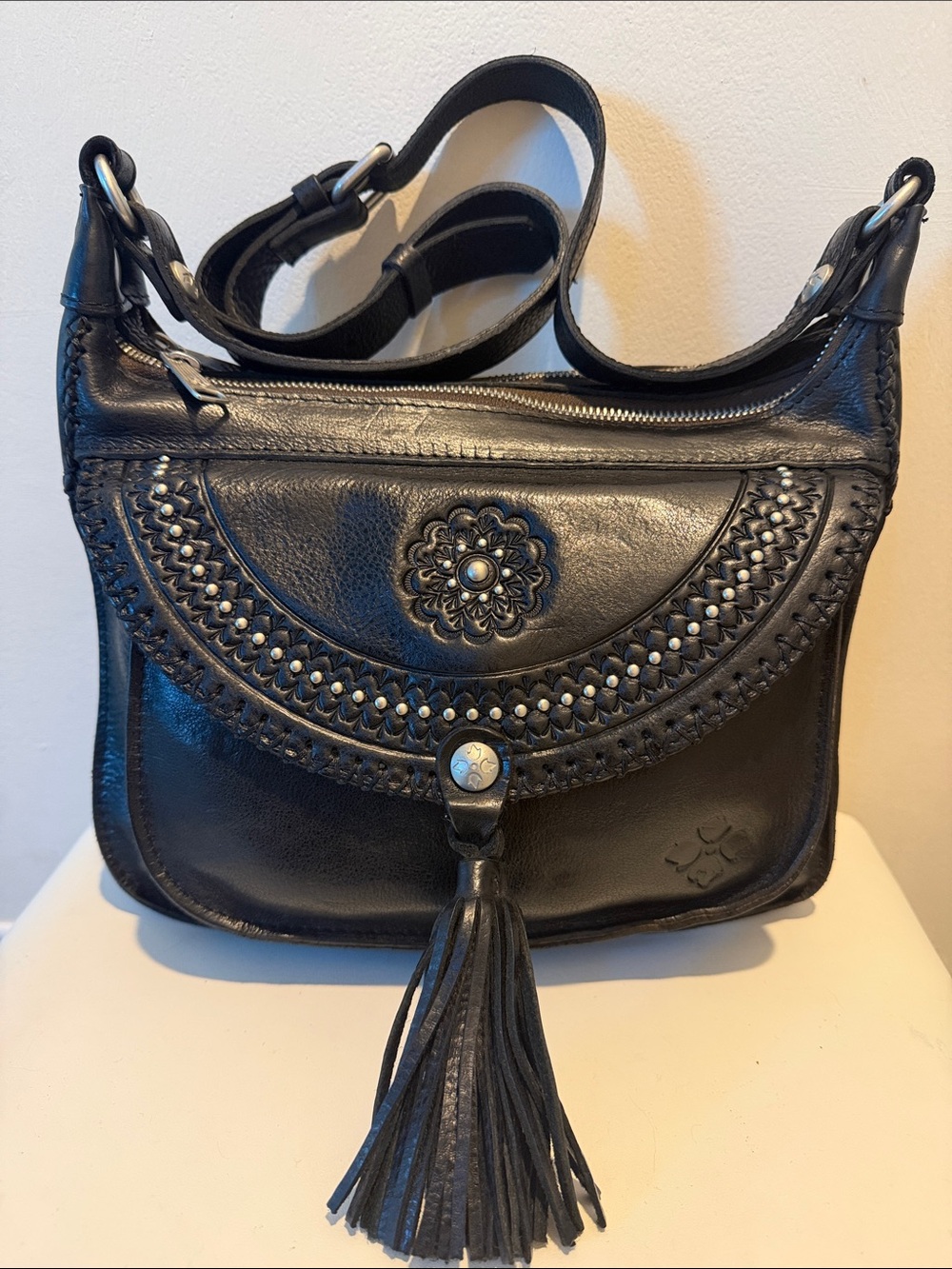 Patricia Nash Black Leather Camila Handbag with Tassel